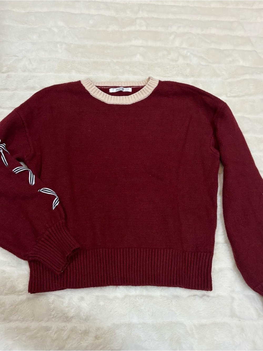 Amelier Majestic Wine Crewneck Sweater with Cream Trim and Ribbon Accent